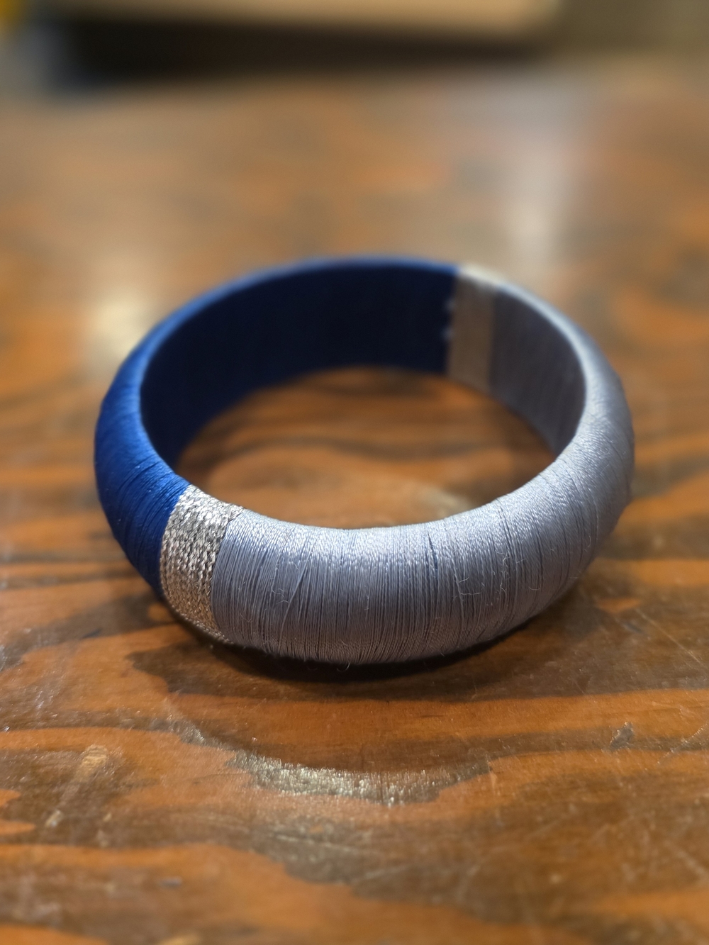 Blue, Light Blue, And Silver Wrapped Thread Bangle Bracelet